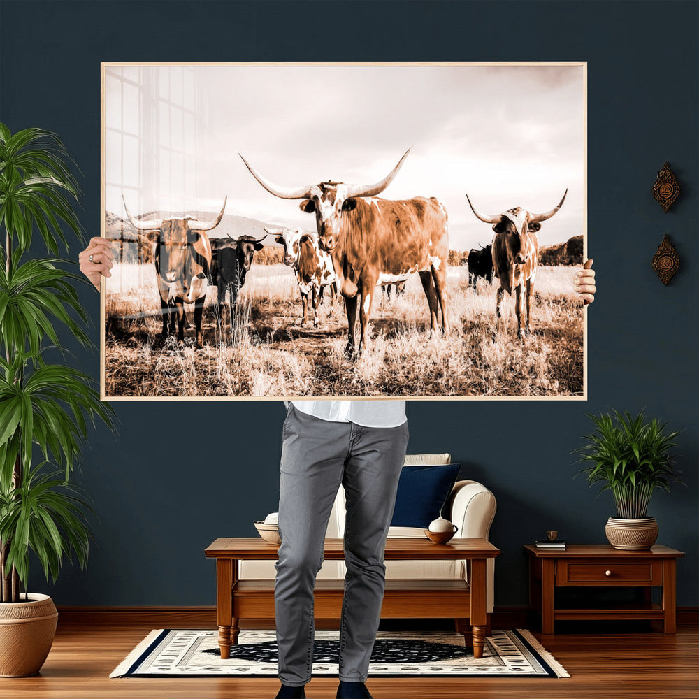 Texas Longhorn Cattle Wall Art Canvas Print, Sepia Western