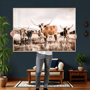 Texas Longhorn Cattle Wall Art Canvas Print, Sepia Western