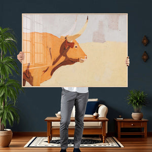 Minimal Longhorn Bull Wall Art Canvas Print, Neutral Western