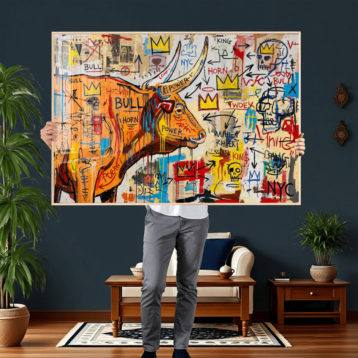 Basquiat Style Bull Graffiti Wall Art Canvas Print, Street