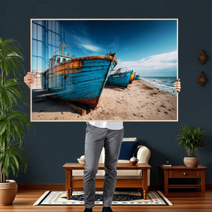 Coastal Fishing Boats Wall Art Canvas Print, Sunset Beach