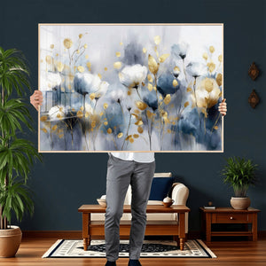 Large Abstract Flowers Wall Art Canvas Print – Gold and Blue