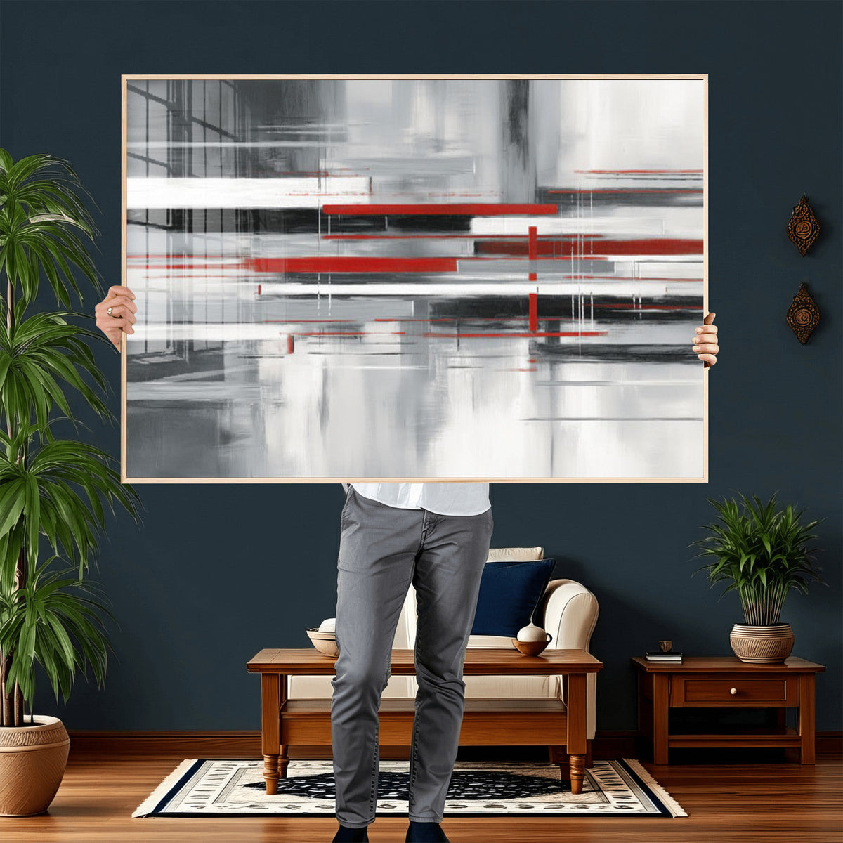 Gray Red Abstract Wall Art Canvas Print, Modern Abstract