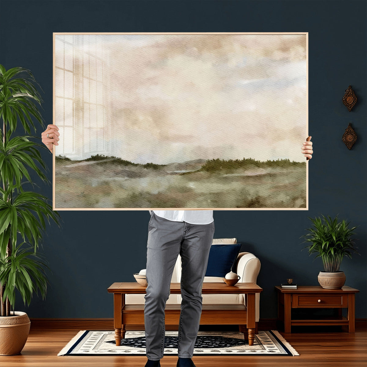 Muted Watercolor Hill Landscape Print — Beige Taupe Cloudy