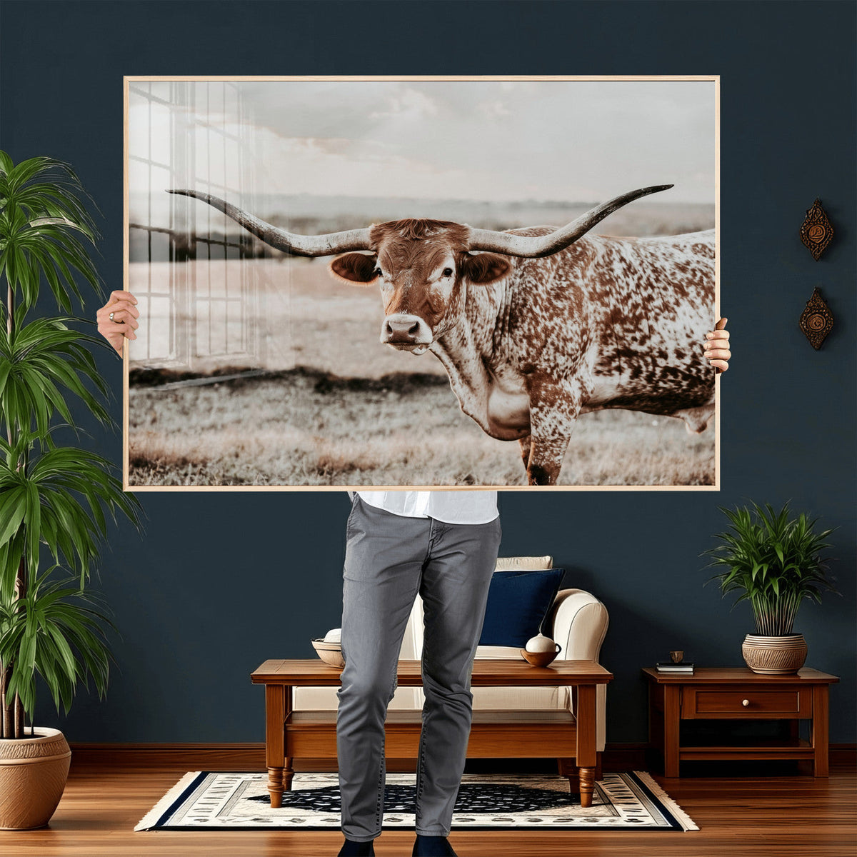 Texas Longhorn Bull Rustic Wall Art Canvas Print