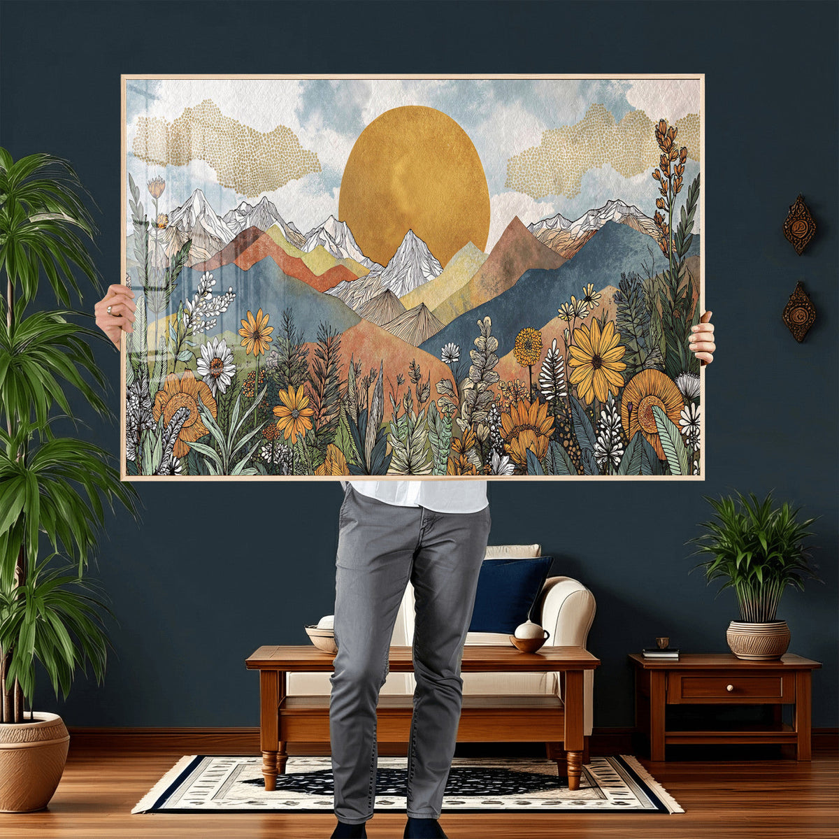 Boho Mountain Landscape Large Wall Art, Horizontal Gold