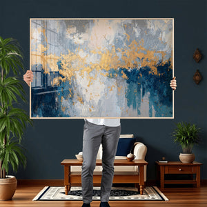 Blue Gold Abstract Large Framed Canvas Wall Art, Modern