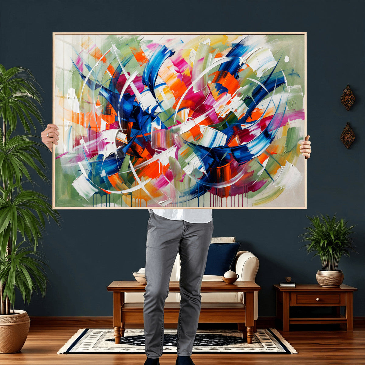 Geometric Abstract Wall Art Canvas Print, Orange Blue