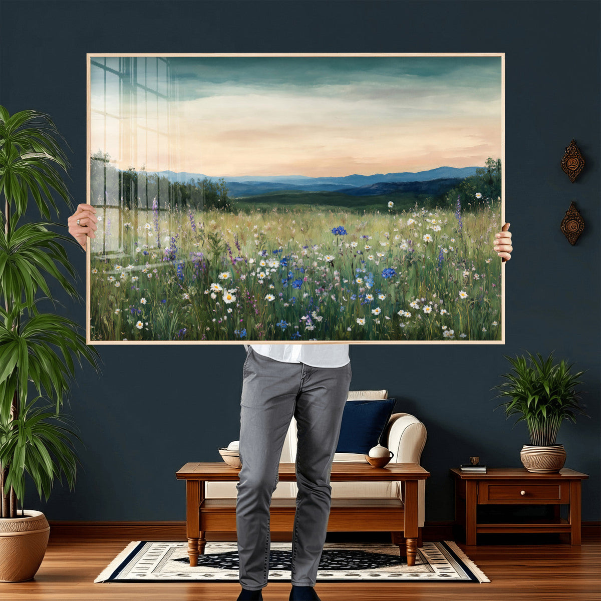 Wildflower Meadow Oil Painting Canvas — Daisy Lavender