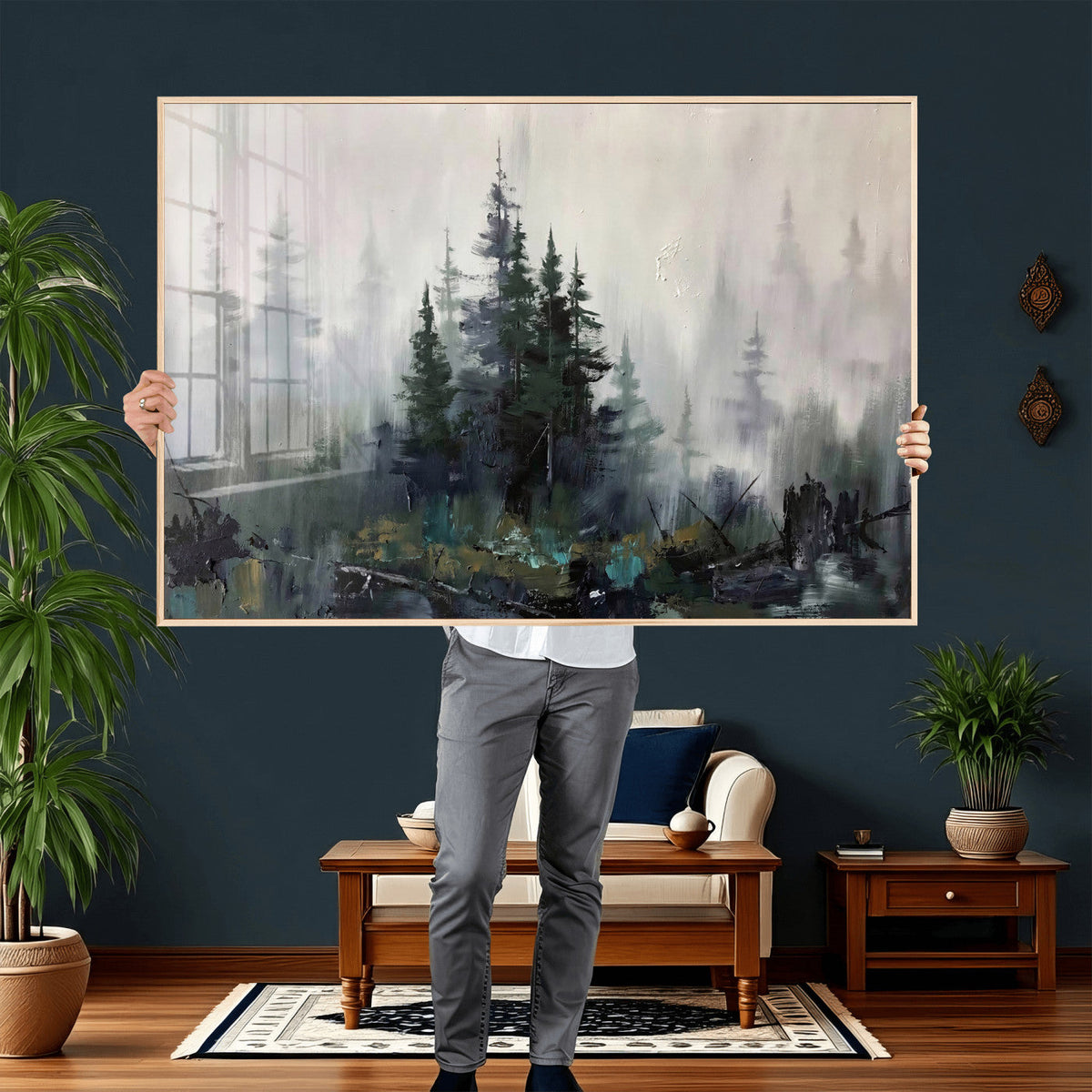 Misty Pine Forest Oil Painting Canvas — Dark Moody Teal Grey