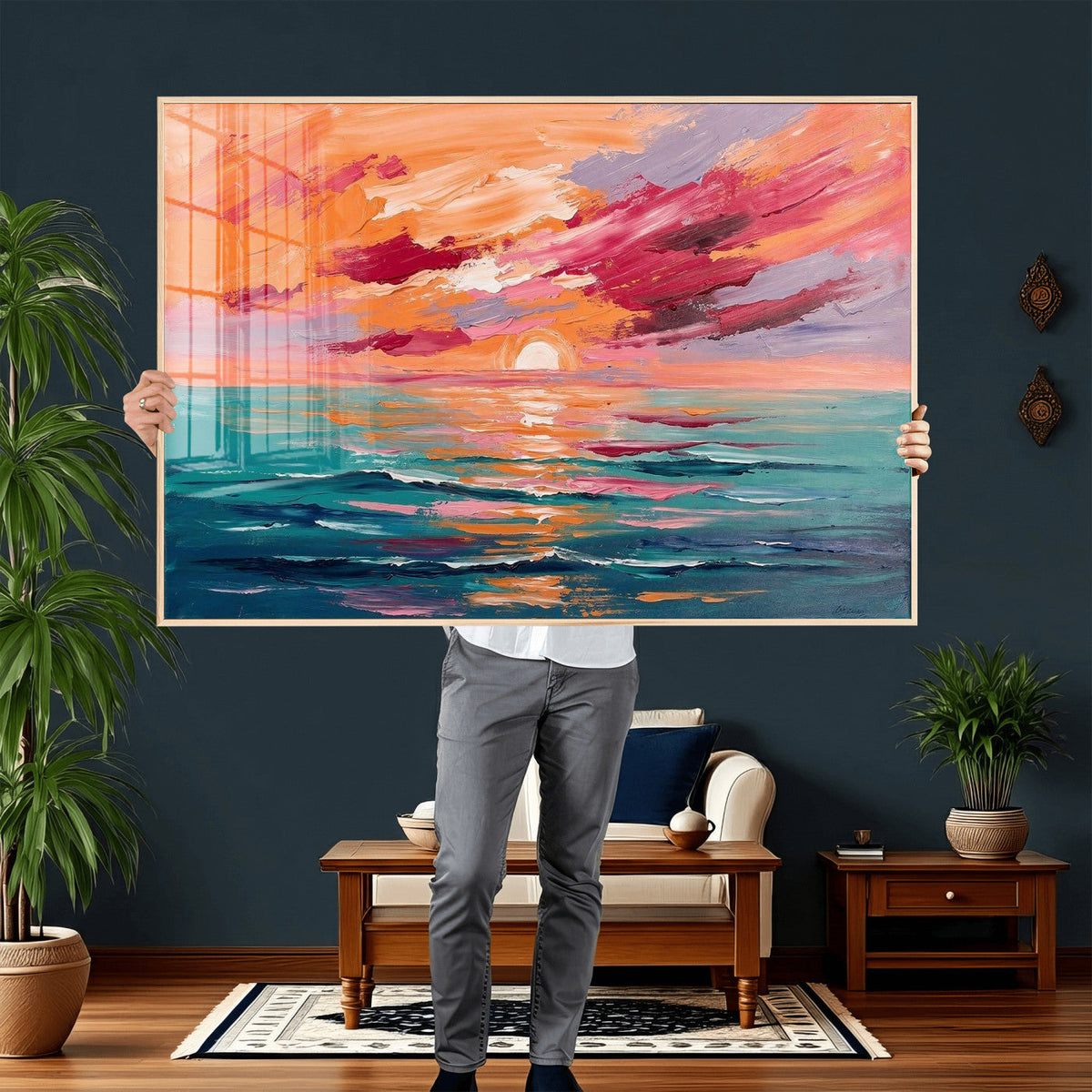Bold Palette Knife Ocean Sunset Canvas — Orange Pink Teal
