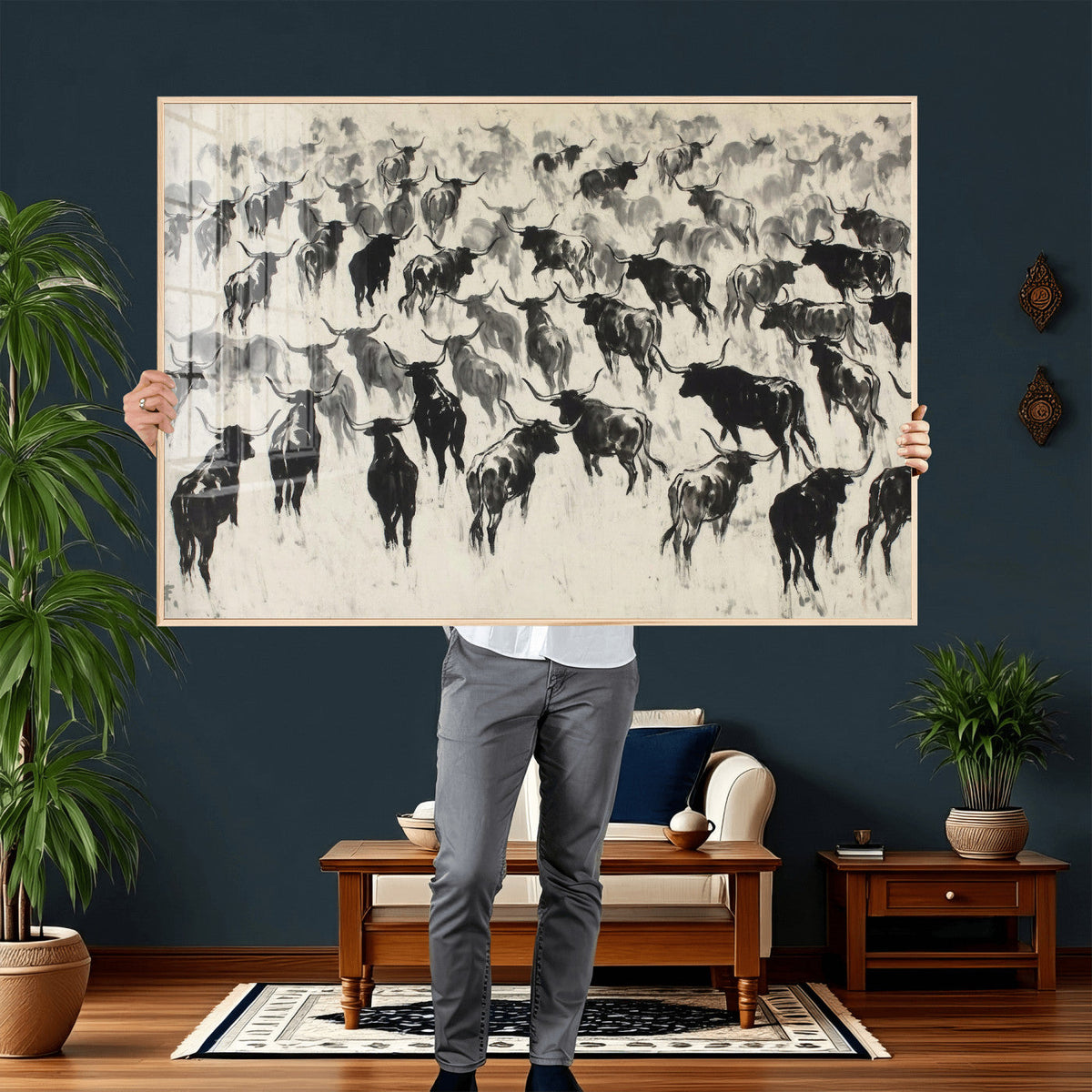 Longhorn Cattle Canvas Wall Art, Black White Stampede Ink