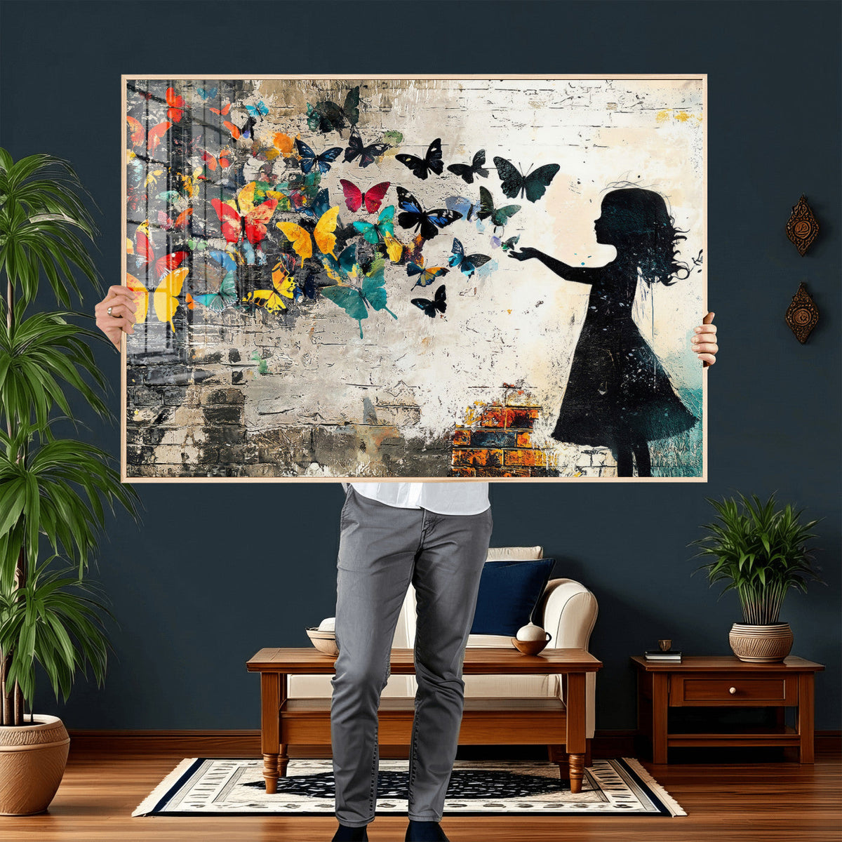 Banksy Butterfly Girl Wall Art Canvas Print, Framed Street