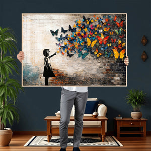 Banksy Graffiti Butterfly Girl Wall Art Canvas Print, Framed