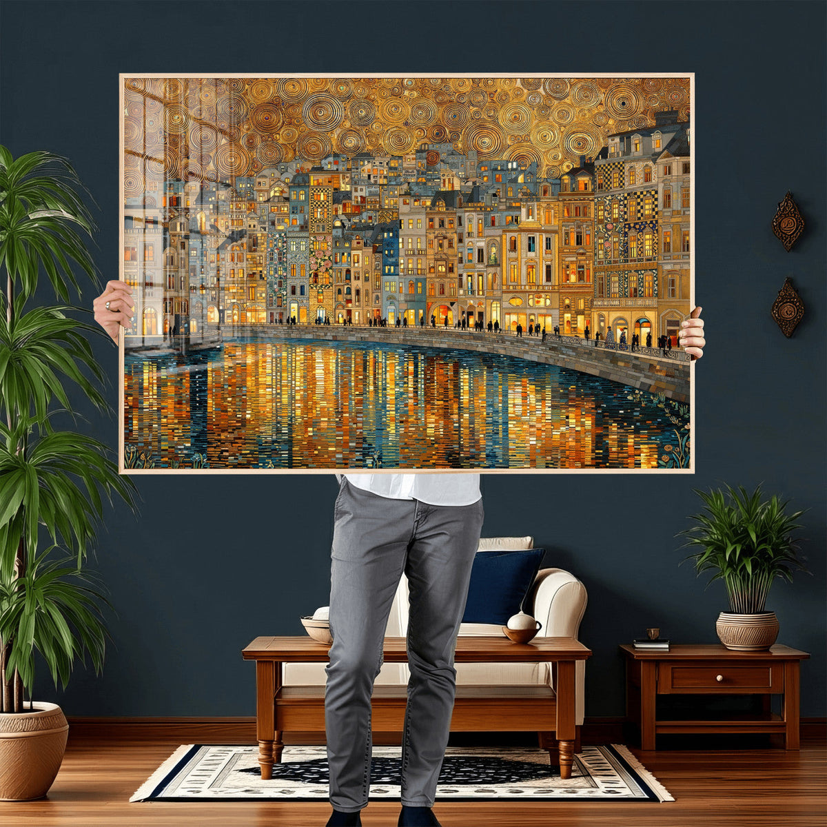 Gustav Klimt Golden Cityscape Wall Art Canvas Print, Framed
