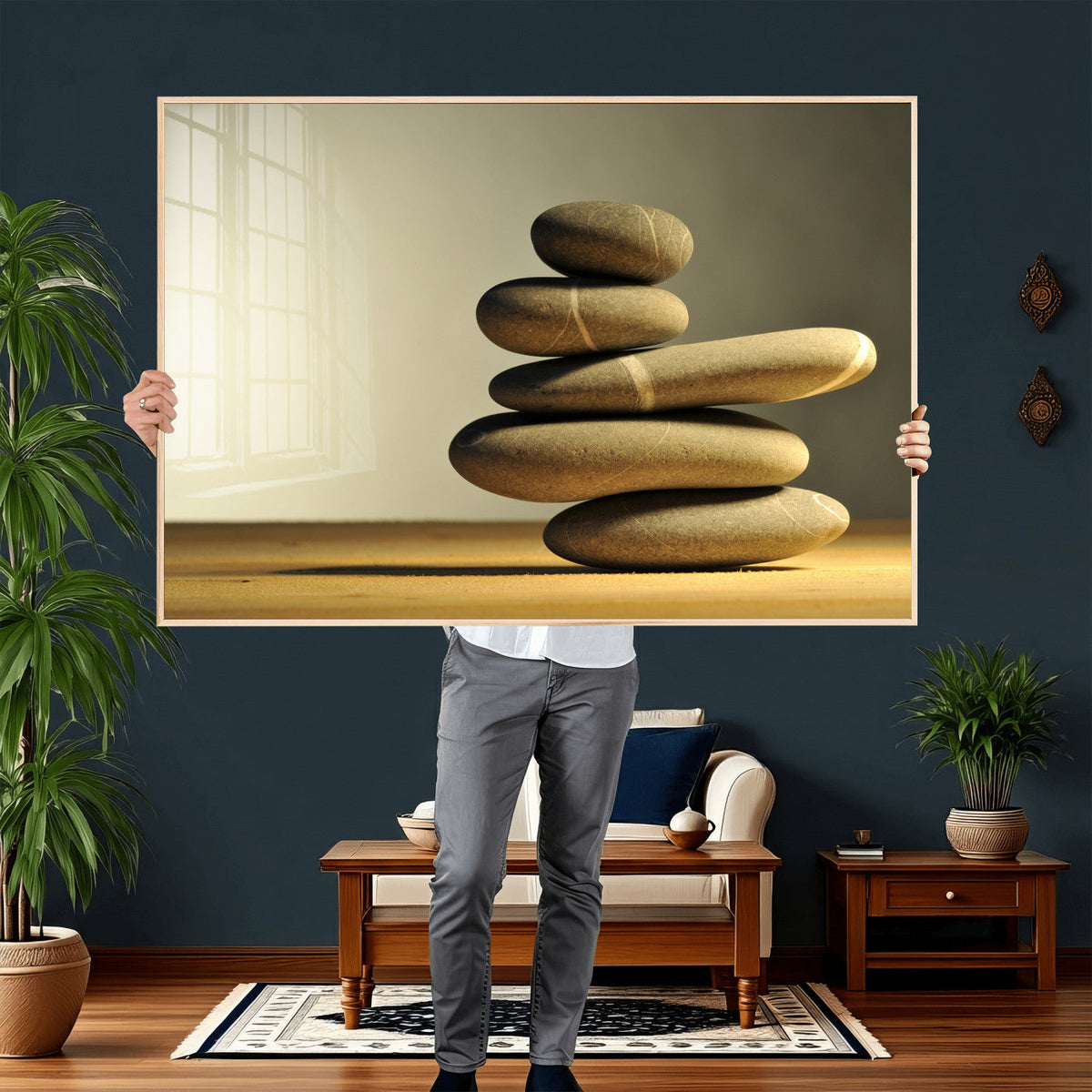 Zen Stone Wall Art Canvas Print, Balanced Rock Stack Framed