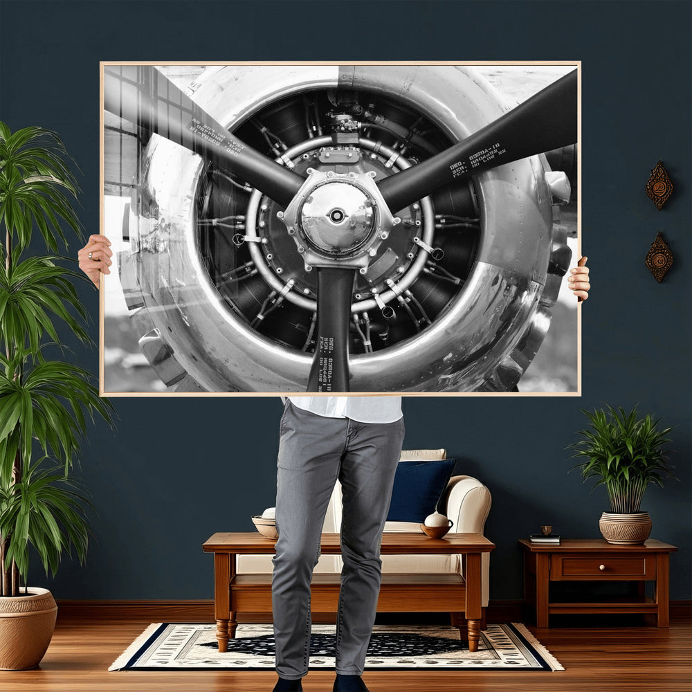 Vintage Propeller Plane Wall Art Canvas Print, Black and