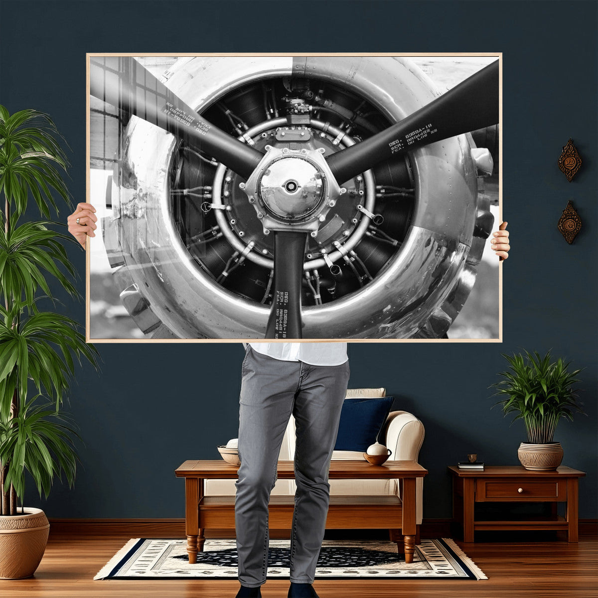 Vintage Propeller Plane Wall Art Canvas Print, Black and