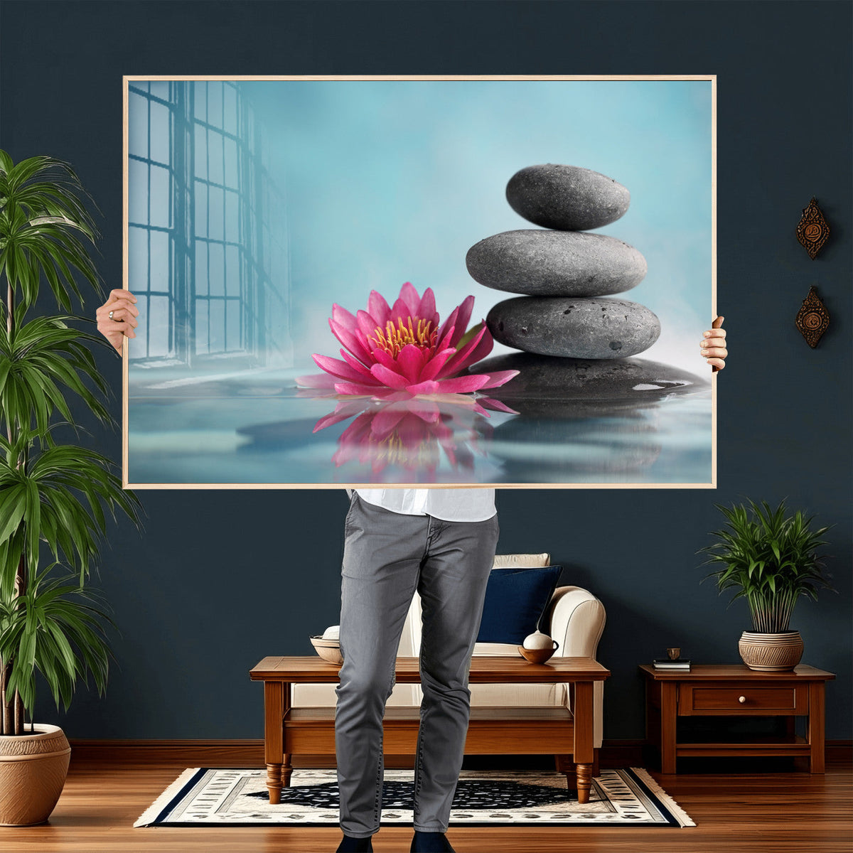 Zen Canvas Wall Art Lotus Flower Stacked Stones Teal Spa