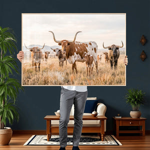 Texas Longhorn Canvas Wall Art, Rustic Farm Animal Photography Print, Farmhouse Country Decor, Western Ranch Art