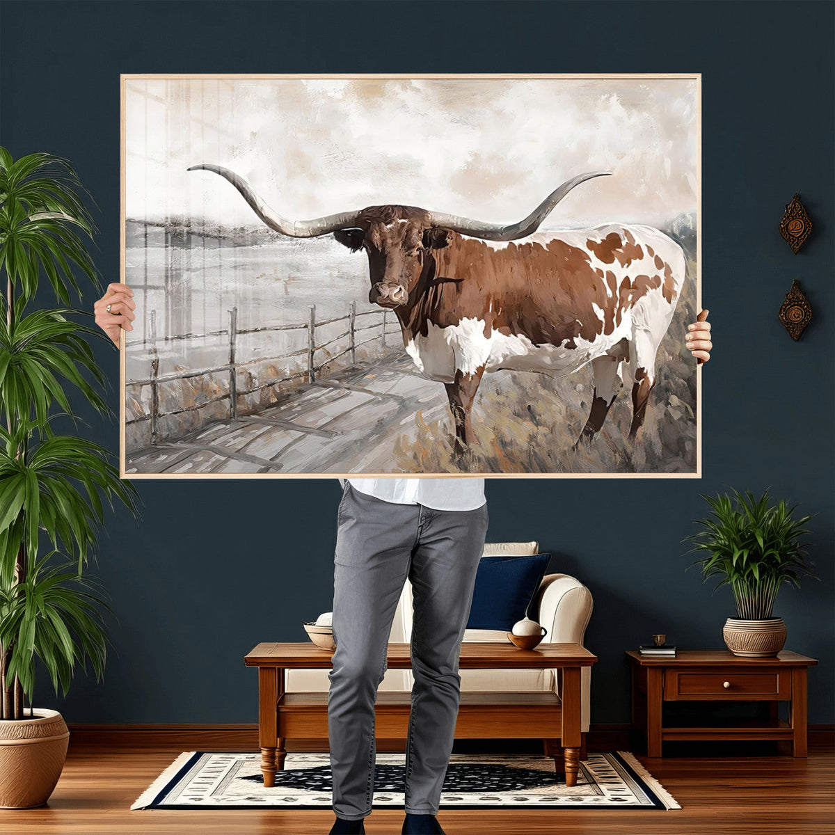 Vintage Texas Cow Wall Art Canvas Print, Rustic Longhorn