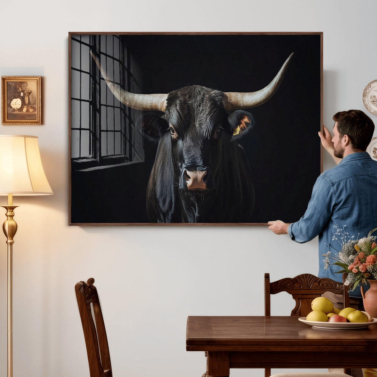 Majestic Longhorn Bull Wall Art Canvas Print – Dark