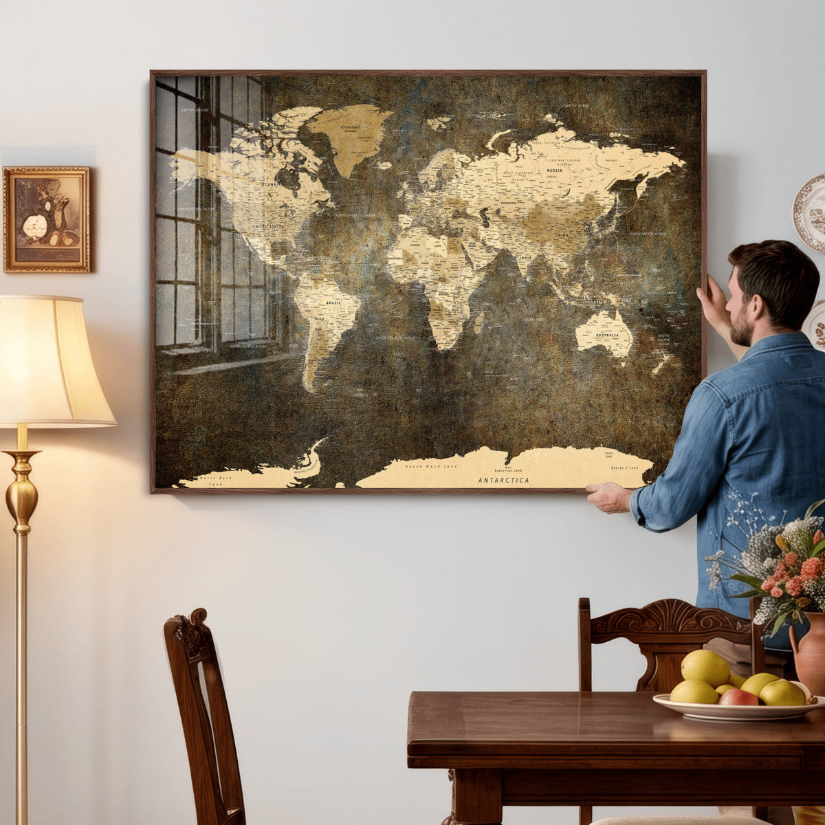 Large Framed Vintage World Map Wall Art Print for Home Wall