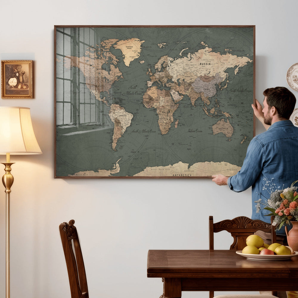 Rustic Black and Wood World Map Canvas Wall Art – Framed