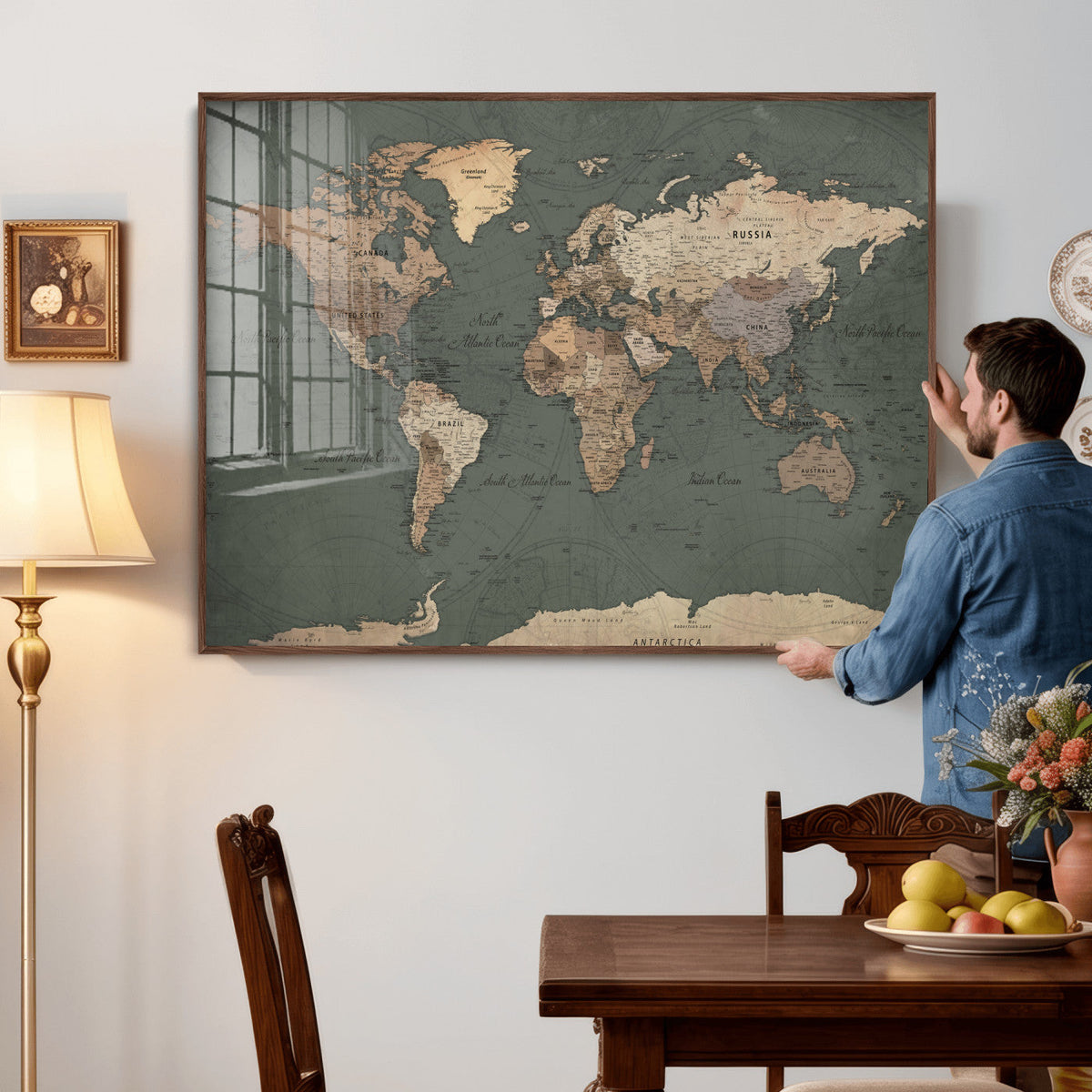 Rustic Black and Wood World Map Canvas Wall Art – Framed