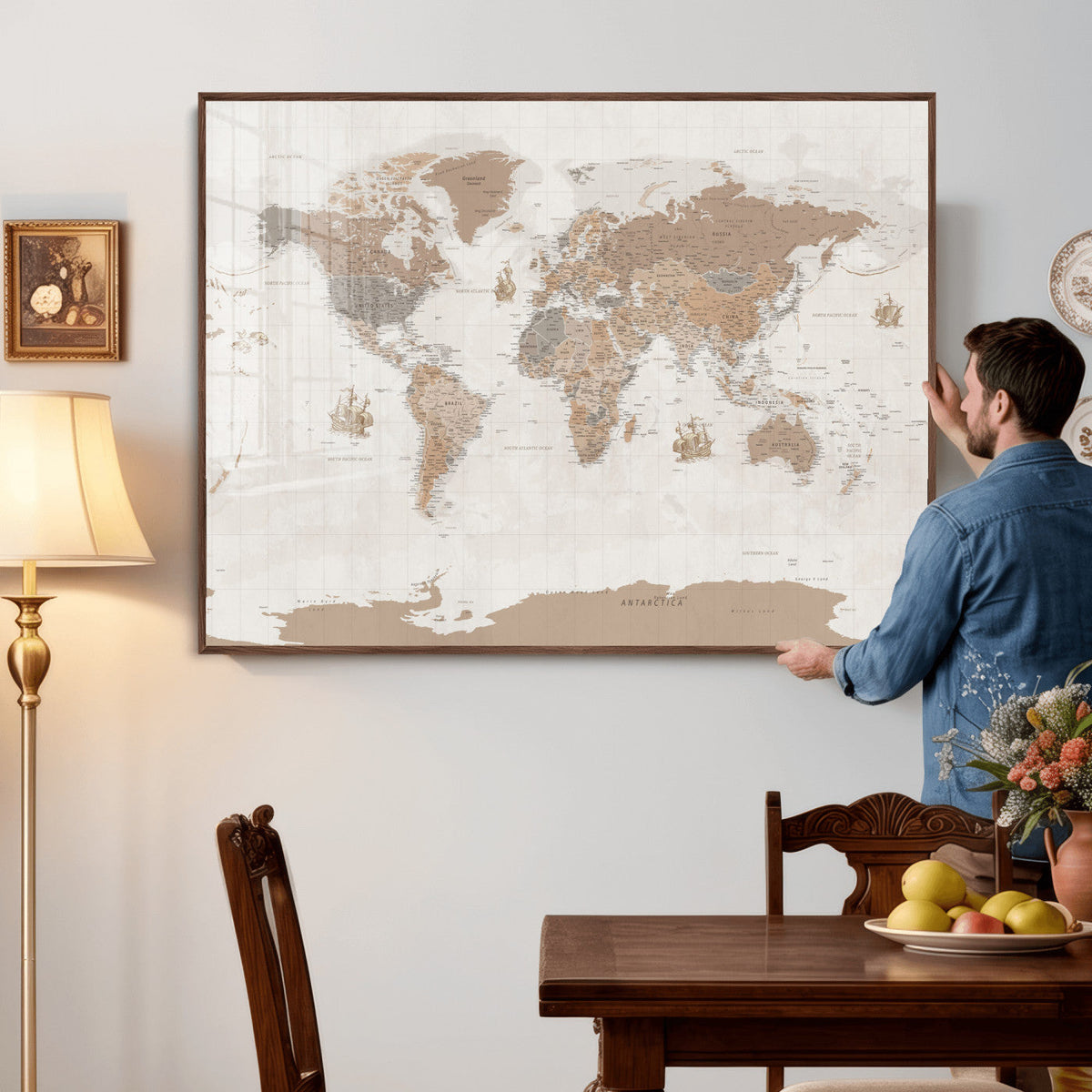 Framed Large World Map Canvas Print for Office Decor