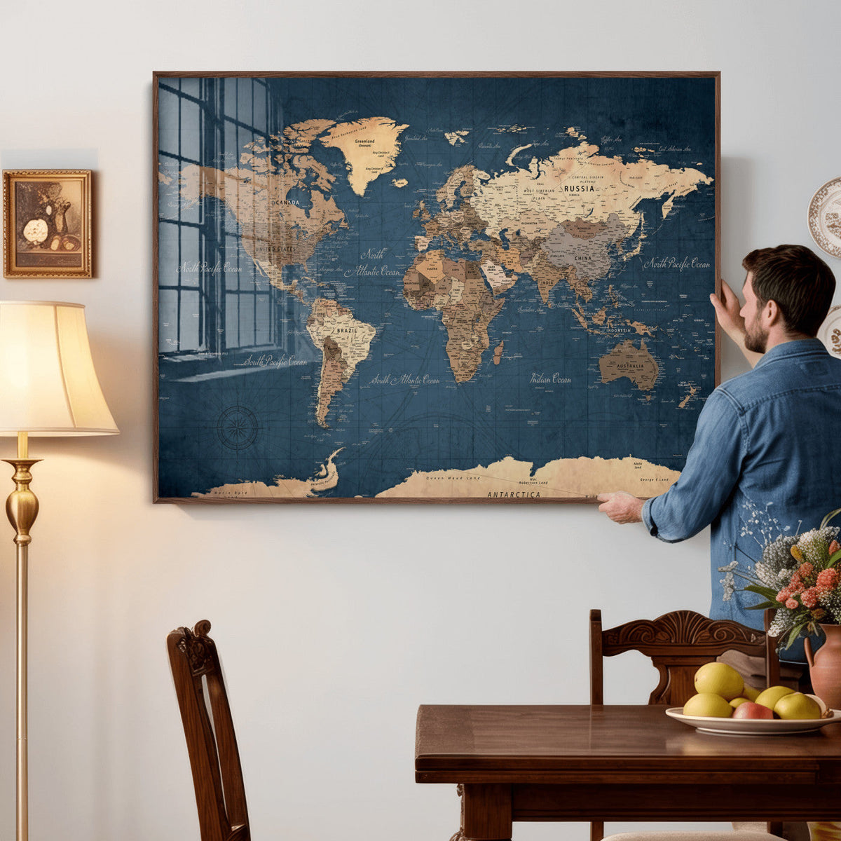 Navy Blue World Map Canvas Print – Framed Travel Map Wall