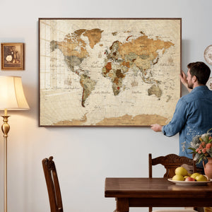 Rustic Vintage World Map Canvas Print – Framed Modern