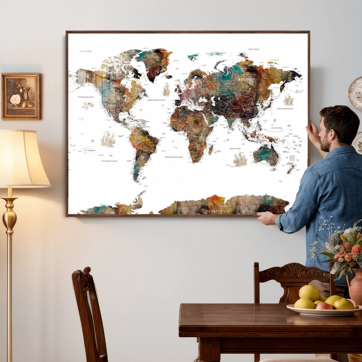 Watercolor World Map Canvas Print – Detailed Map of the