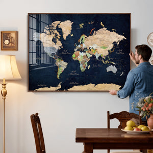 Minimalist World Map Canvas Wall Art - Watercolor Blue and
