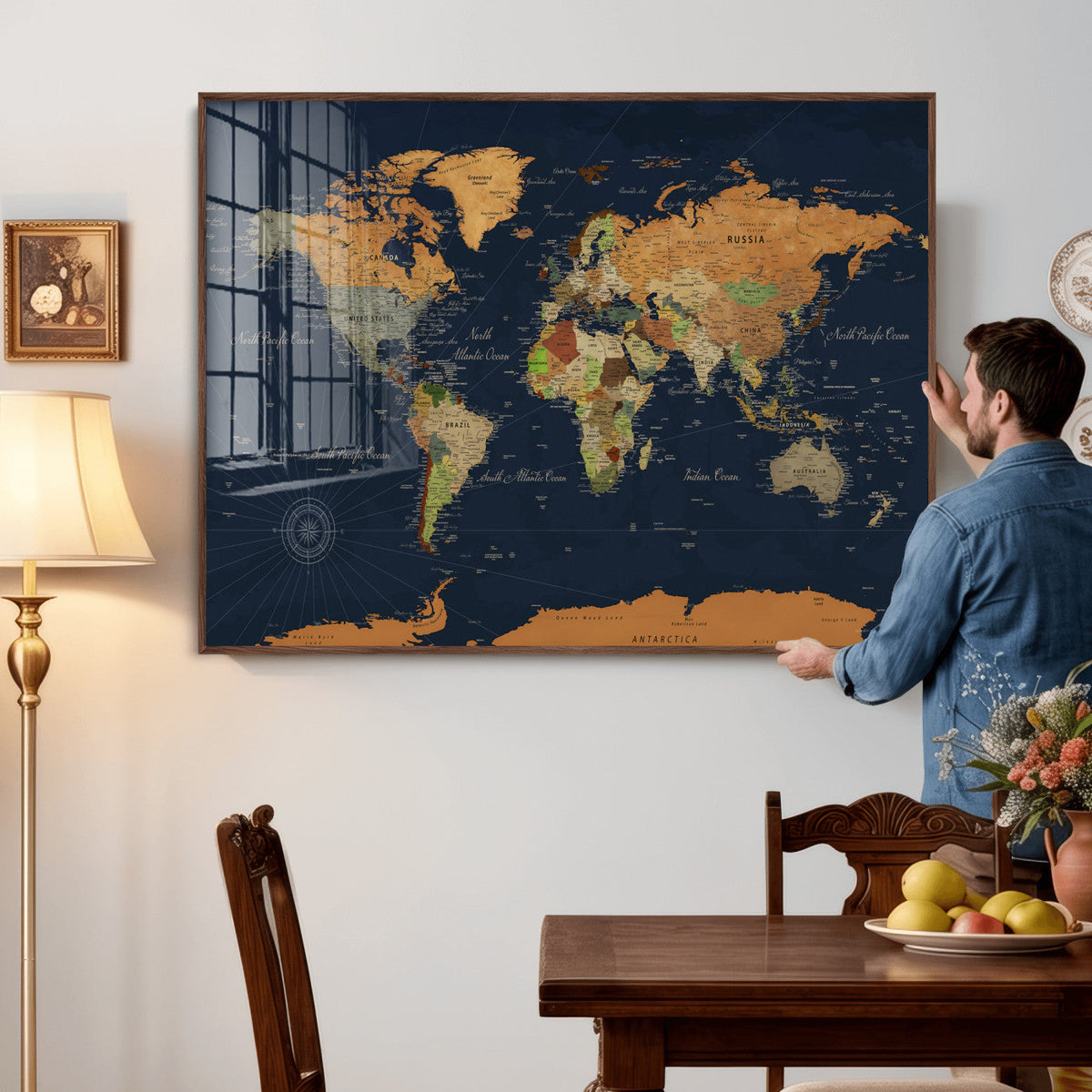 Modern World Map Canvas Print – Framed Detailed Map of the