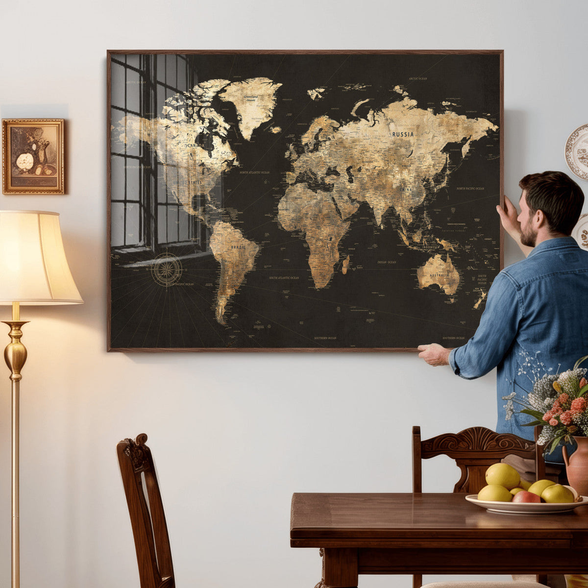 Framed World Map with Pin Canvas Print – Detailed World Map