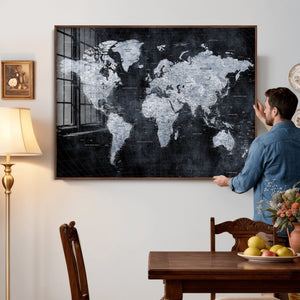 Black World Map Canvas Print – Detailed Map for Couples and