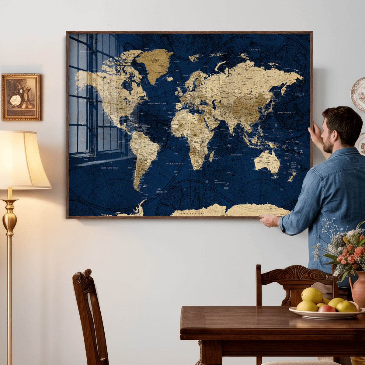 Navy Blue World Map Canvas Print – Detailed Map Minimal Navy