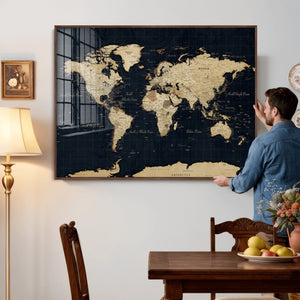 Dark World Map Canvas Wall Art Print, Minimal Black and Gold