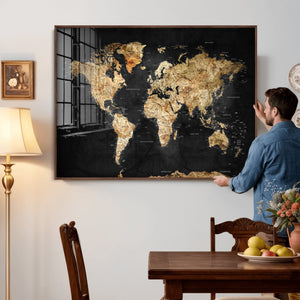 World Map Canvas Wall Art with Famous Landmarks – Framed