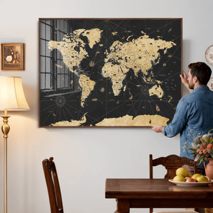 Vintage Blue and Brown World Map Canvas Wall Art – Framed