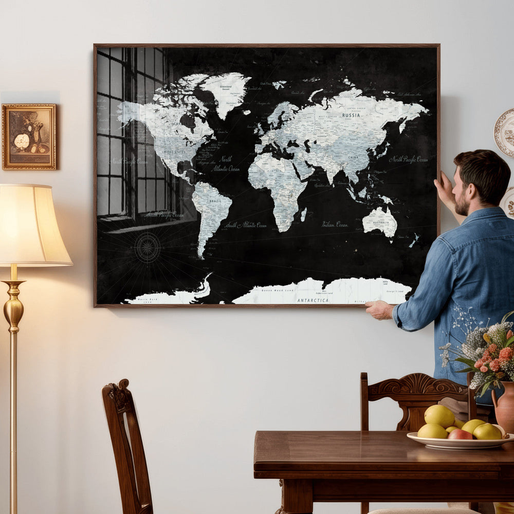 World Map Canvas Print – Framed Push Pin Wall Art, Color