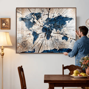 Rustic World Map Canvas Print – Framed Wall Art for Couples,