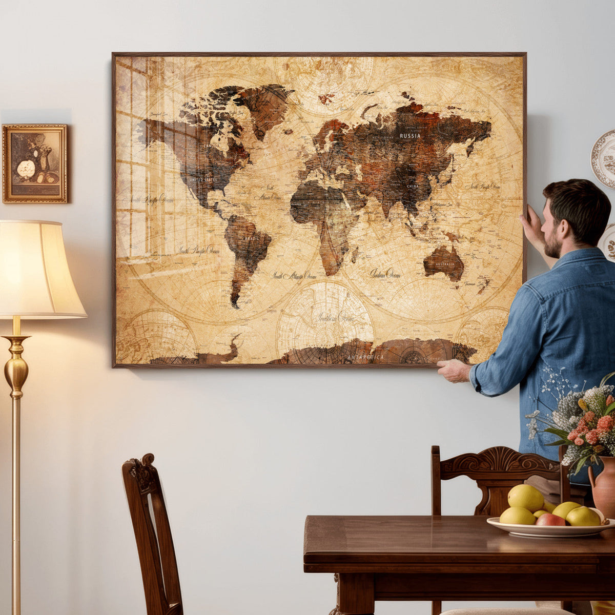 Modern Red and Gray World Map Canvas Print – Framed Wall Art