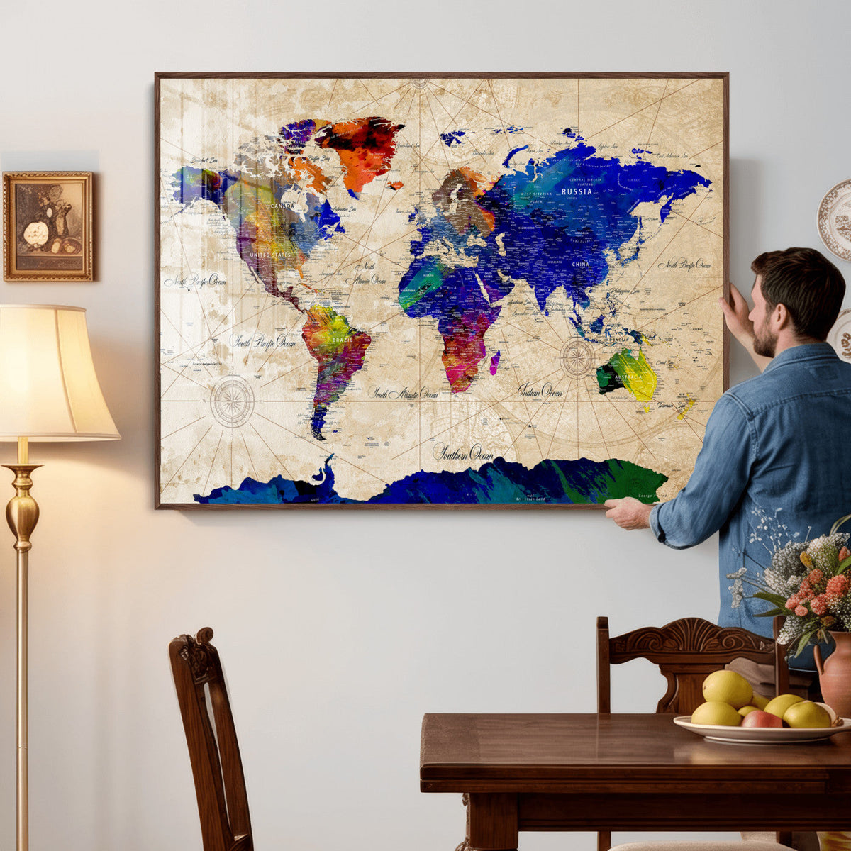 Watercolor World Map Canvas Print – Framed Wall Art for