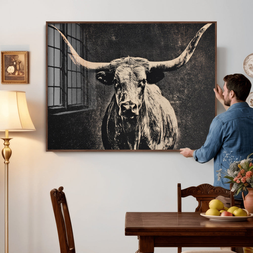 Vintage Texas Longhorn Bull Wall Art Canvas Print, Cow