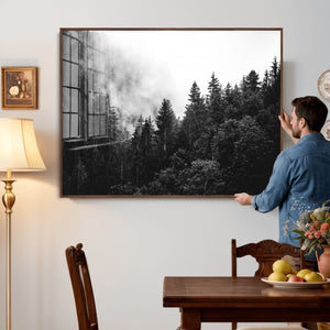 Black White Forest Wall Art Canvas Print, Misty Pine Tree