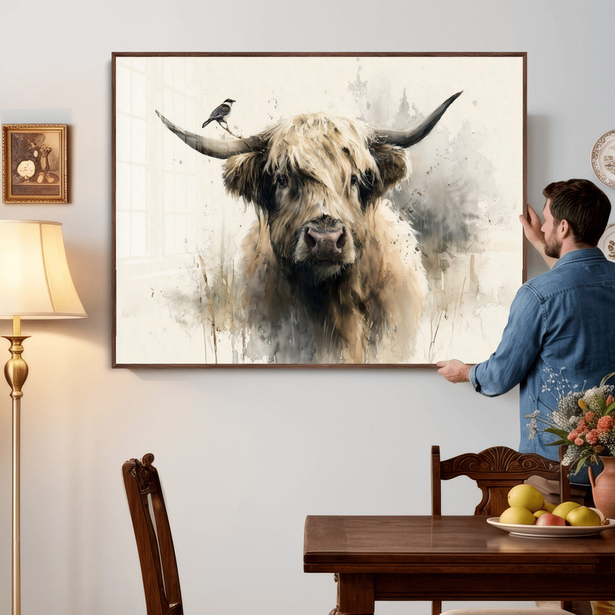 Abstract Highland Cow Wall Art Canvas Print, Rustic Farm