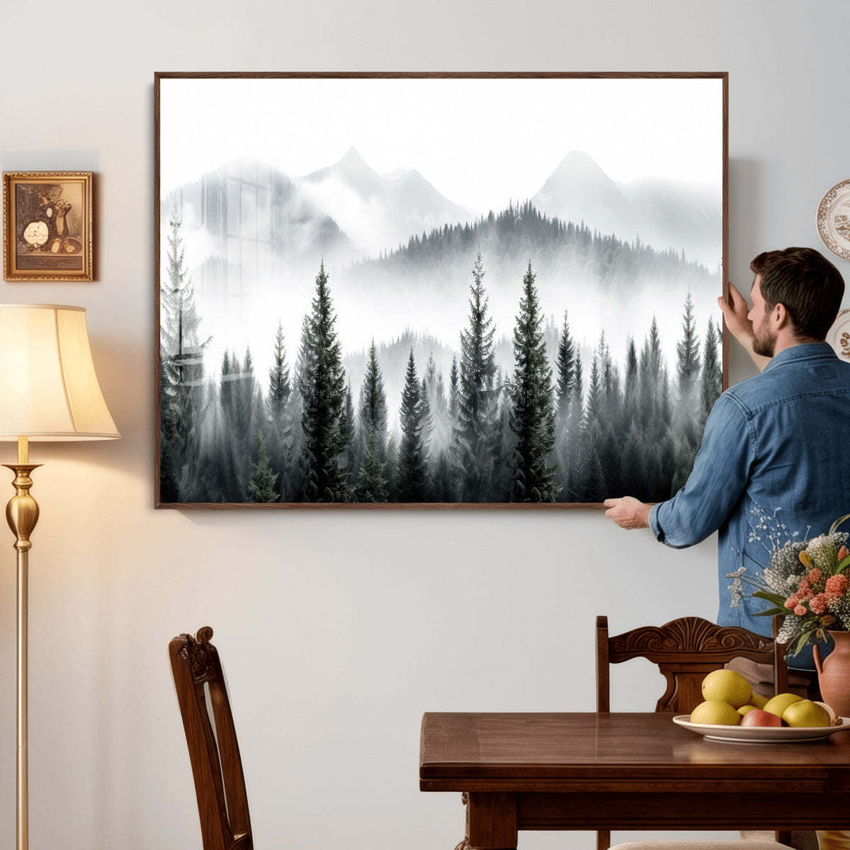 Misty Pine Forest Mountain Landscape Wall Art Canvas Print