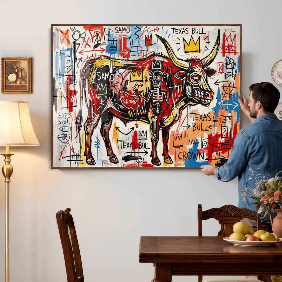 Texas Bull Wall Art Canvas Print, Abstract Graffiti Bull